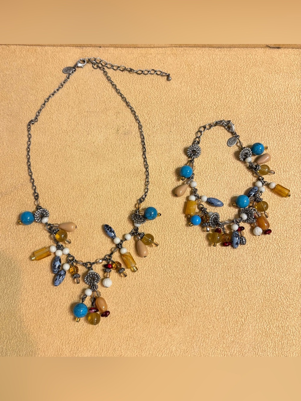 Premier Designs Boho Multicolor Beaded Necklace and Bracelet Set Blue Brown